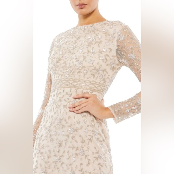 Mac Duggal Beige Beaded Tea Length Dress w/ Sheer Sleeves - Picture 5 of 14